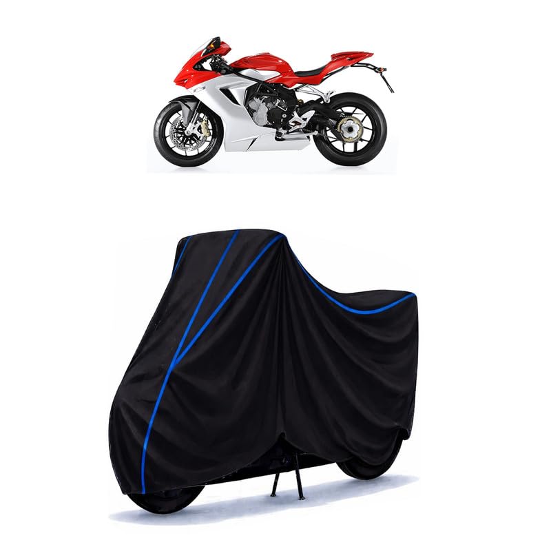 Image of MV Agusta Bike Cover Water Resistant Universal Motorcycle Rain | Heavy Duty UV Protection, Dust, Scratch Indoor Outdoor All Weather with Black Blue Piping Elastic