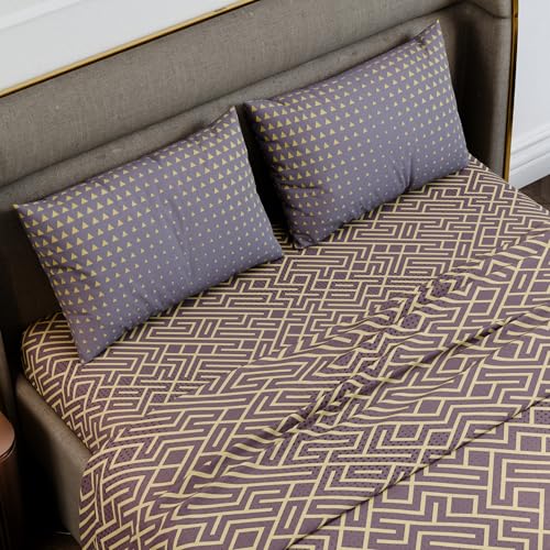 Image of Stoa Paris 100% Cotton Super King Bedsheet with 2 Pillow Covers for King & Double Beds,180TC Printed Bedding Set, Breathable, All-Season Comfort, Lightweight, Urbanscape - Marigold Maze (274cmx274cm)