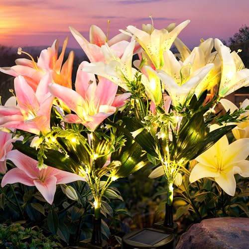GIGALUMI Solar Garden Lights 2 Pack LED Lily Garden Decor Carefree Solar Flowers Outdoor Waterproof Yard Decorations Outdoor Allergy-Free Light up Flowers for Yard Patio (1White 1Pink)