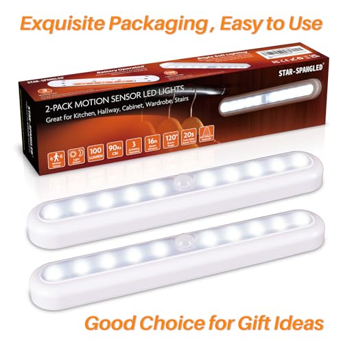 Image of STAR-SPANGLED 2 Pack 11 Inch Motion Sensor Lights Indoor AA Battery Operated LED Stick On Light for Closet, Stairs, Under Cabinet Kitchen, Cool White