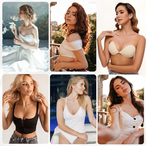 Image of RELIRELIA Women's Sticky Self Adhesive Invisible Strapless Reusable Silicone Push Up Backless Bra