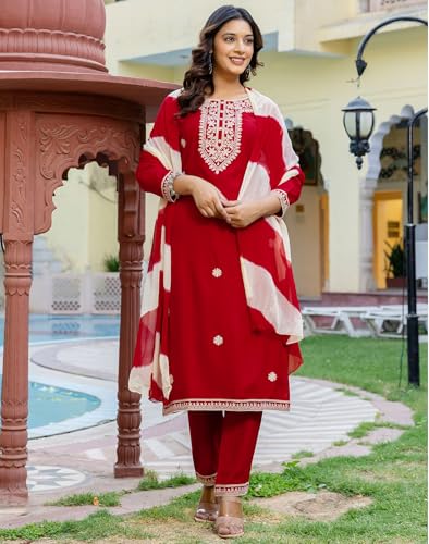 Image of SKYLEE Cotton Printed, Embroidery and Mirror Work A-Line Kurta Set with Dupatta