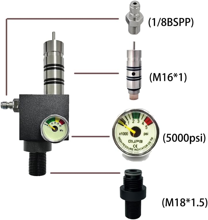 HPA 6000PSI Z Valve Regulator with Gauge | Adjustable Explosion-Proof Constant Pressure Valve M18x1.5 for Air Tank & PCP Airgun | Long Versions