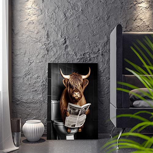 Psvod Funny Bathroom Wall Decor Highland Cow Sits On The Toilet And Reads The Newspaper Funny Animal Print Home Print #TOP5