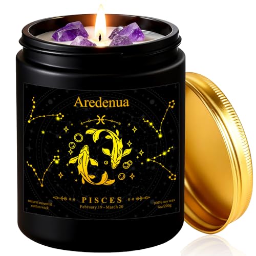 Pisces Zodiac Crystal Candles Gift for Women Men - Amethyst Healing Scented Soy Candle with Lavender Aromatherapy for Relaxation, 7oz 50 Hour Burn, Unique Zodiac Sign Candle for Brithday
