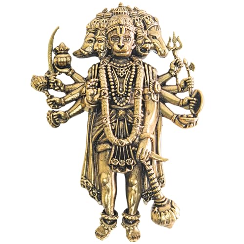 Image of Plus Value Brass Panchmukhi Hanuman Wall Hanging for Main Door Entrance - 4 Inch Idol | Handcrafted Pital Statue | Vastu Protection Yantra | Antique Gold Finish | Home Decor 98gm