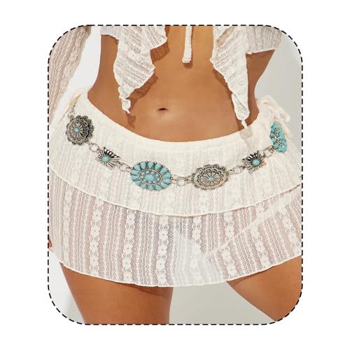Western Metal Waist Chain Belt for Women Western Concho Chain Belt Cowgirl Boho Turquoise Belts Women Fashion Accessory for Dresses Skirts Jeans Women Girls Ladies Country Concert Outfit