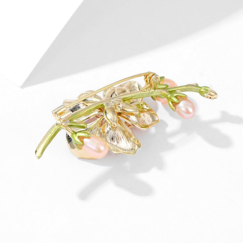 Image of 14K Gold Graceful Vintage Chinese Style Brooch Pin for Women, Freshwater Pearl Magnolia Flower Pink /White Pin, Ideal for Traditional Events, Women's Brooches & Pins