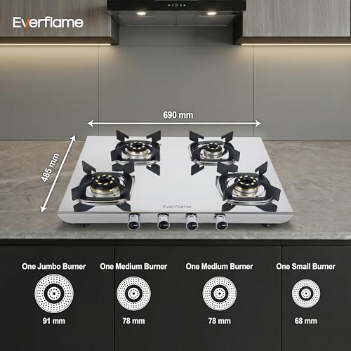 Image of Everflame Photon 4 Burner Gas Stove | Manual Ignition | 5G Brass Burners | ISI Certified | SS Cooktop | 5 Years Warranty on (Body & Burners) + 2 Year Comprehensive Warranty + Doorstep Service