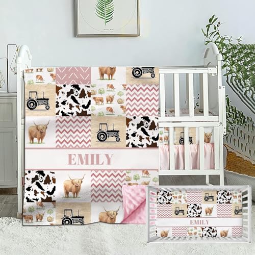 High Land Custom Baby Girl Crib Bedding Set - Pink Nursery Bedding, 2 Piece Set With Name Crib Comforter and Fitted Sheets
