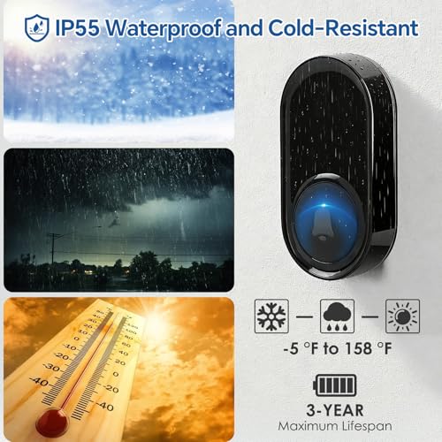 Wireless Doorbell, Waterproof Plug in Doorbell Kit Operating at 1300ft Range with 58 Chimes/5 Volume Levels/Flash Light for Home, Office and Garden (1 Receiver & 1 Transmitter) - Image 3