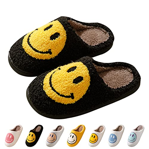 Image of Bevaney Smile Face Slippers for Women, Soft Plush Smile Slippers Retro Happy Face Slip-on Cozy Indoor Outdoor