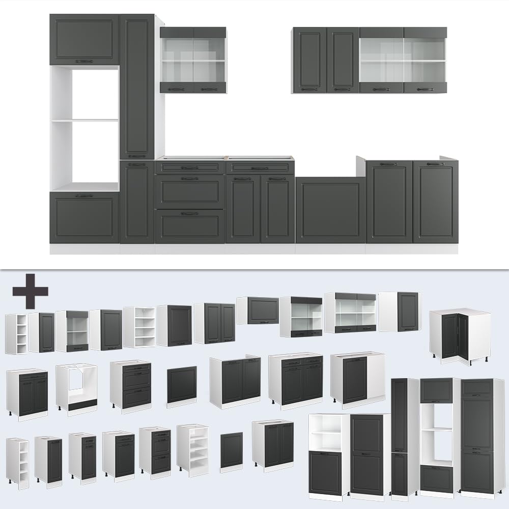 Vicco Küchenzeile R-Line, Anthrazit Landhaus/Weiß, 350 cm | mit Hochschrank, ohne Arbeitsplatte, zur individuellen Anordnung und Erweiterung geeignet