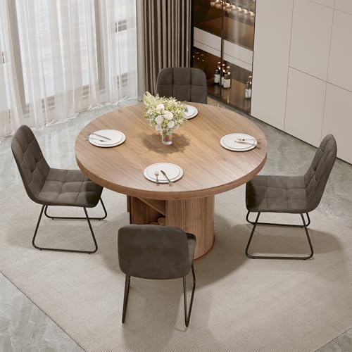 Image of 5-Piece Dining Set for Small Spaces 43.3 inch Round Table & 4 PU Leather Chairs, Modern Farmhouse with Storage Shelf, Apartment Kitchen Easy Assembly (Walnut Color Round Table + 4 U-Shaped Gray Chairs)