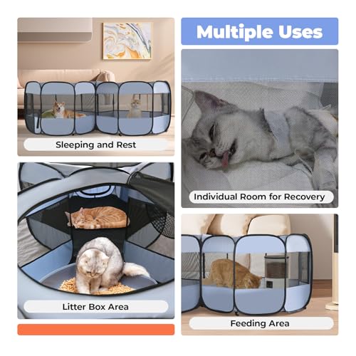 Image of 2-in-1 XLarge Portable Cat Playpen Assembly-Free for Indoor Cats Enclosed Pop Up Dog Play Pen Outdoor Puppy Pet Tent Crate House Condo Kitten Kennel Small Animals Cage(No Divider, Unified Space)