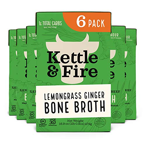Kettle and Fire Lemongrass Ginger Beef Bone Broth, Keto, Paleo, and Whole 30 Approved, Gluten Free, High in Protein and Collagen, 6 Pack