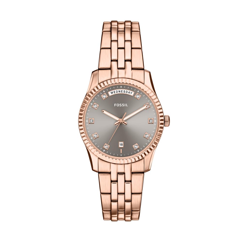 Fossil Scarlette Watch for Women, 34mm Quartz Three Hand Date Movement with Stainless Steel Strap,Gold Tone and Grey