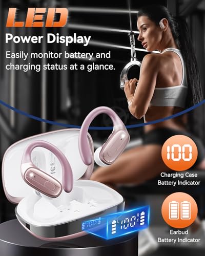 Image of LEEMC Wireless Earbuds, Bluetooth Headphones 5.4, 80Hr Playtime Ear Buds with Hooks for Sports, Noise Canceling, LED Display, IPX7 Waterproof Earphones for Workout Running, Rosegold