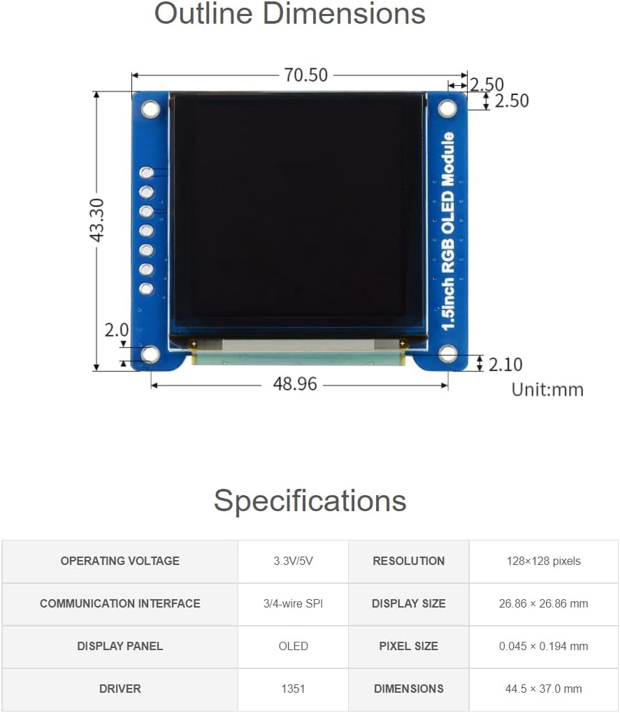 waveshare 1.5inch RGB OLED Display Module, 128x128 Pixels Displaying 65K Colors, Support Raspberry Pi Arduino STM32, SPI Interface