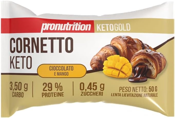 Pro Nutrition CORNETTO KETO Ripieno di CIOCCOLATO e MANGO da 50g - Delizioso Cornetto Ripieno adatto per una dieta ketogenica, con solo 3,50 gr di carboidrati (Box da 10 pezzi da 50g).
