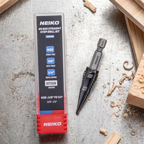 Image of NEIKO 10616B Step Drill Bit, 2 Steps 3 /8 inch to 1 /2 inch Straight M35 Cobalt, AlTiSiN Coated, 1 /4 inch Quick Change Step Bits for Steel, Metal, Wood, Plastic, Unibit Cone Drill Bits, Two Flute