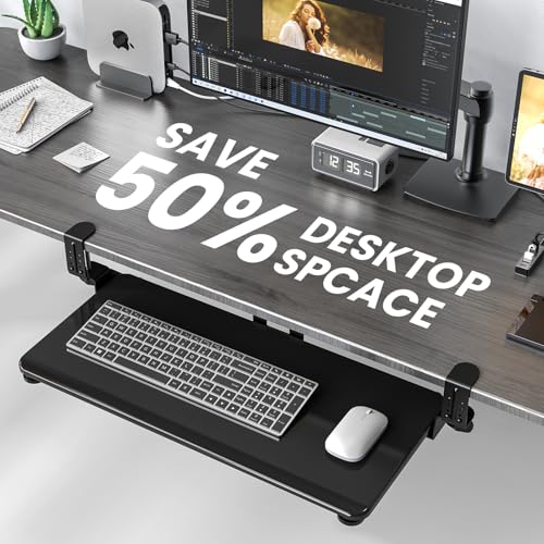 Xyndyx Keyboard Tray Under Desk, Pull Out Keyboard & Mouse Tray with Adjustable C-clamp, 25.6 x 11.8 Inch Slide Out Computer Keyboard Drawer Mouse Tray for Typing, Black