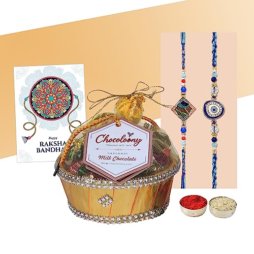 Image of Chocoloony 20 Pcs Milk Chocolates Gift And 2 Designer Rakhi Hamper With Beautiful Basket | Raksha Bandhan Chocolate For Brother |Chocolate Hamper 2 Rakhi For Brother 200 Grams