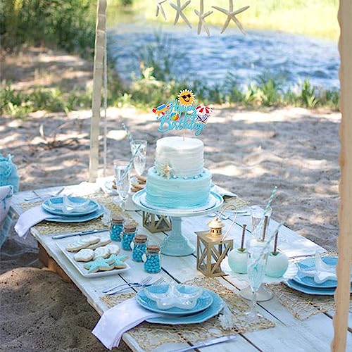 1 PCS Summer Beach Happy Birthday Cake Topper Glitter Ball Sun Umbrella Water Gun Summer Pool Cake Pick for Summer Hawaiian Holiday Baby Shower Birthday Party Cake Decorations Supplies Blue