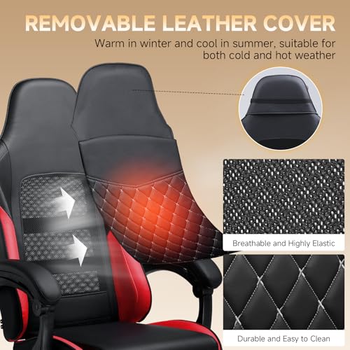 Image of GTPLAYER Gaming Chair, High Back Leather Computer Gaming Chair with Footrest, Ergonomic Height Adjustable Office Chair with Removable Cover and Lumbar Support for Gaming & Work,RED