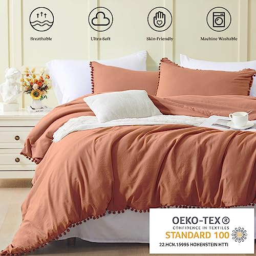 Newspin Duvet Cover King Size Pom Pom Terracotta,3Pcs Soft Breathable Washed Boho Bedding Duvet Cover Set With Zipper Closure,1 Duvet Cover(104"X90") And 2 Pillow Shams(No Comforter) #TOP1