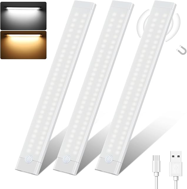 72 LED Under Cabinet Kitchen Light, 30cm Motion Sensor Lights Indoor, 2000mAh Type-C Rechargeable Dimmable Night Light with Magnetic Strip for Stairs, Hallway, Kitchen, Garage, 3 Pack
