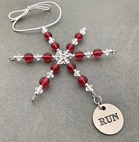 Run Round Ornament - Beaded Snowflake Christmas Ornament/Gift Tag With Round Pewter Run Pendant With Jewelry Box - Handmade With Red Vintage Beads #TOP3