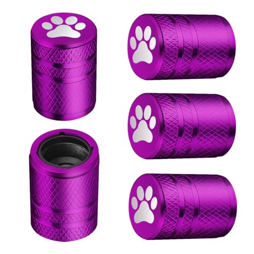 BAURATTI Tire Valve Stem Caps - (5 Pack) Metal Air Caps with Plastic Liner, Corrosion Resistant, Leak-Proof, Dog Cat Paw Universal Stem Covers for Cars Trucks Motorcycles and Bikes - Purple