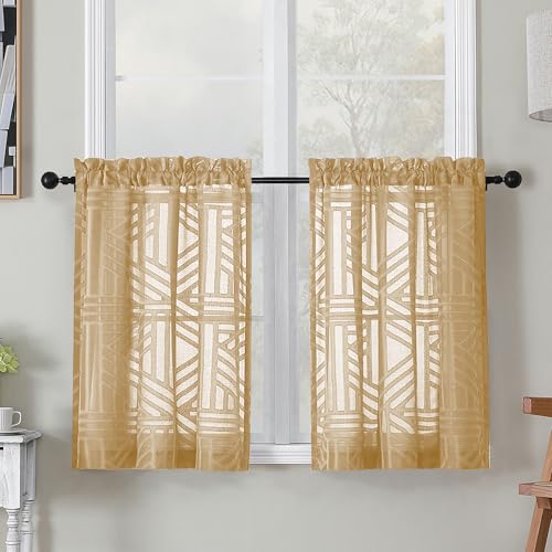 Simplebrand Semi Sheer Gold Curtains 30 Inch Length 2 Panels, Geometric Jacquard Clip Textured Short Sheer Curtains for Bedroom?Modern Elegant Window Curtains Panels/Drapes/Treatment, 28x30 inch