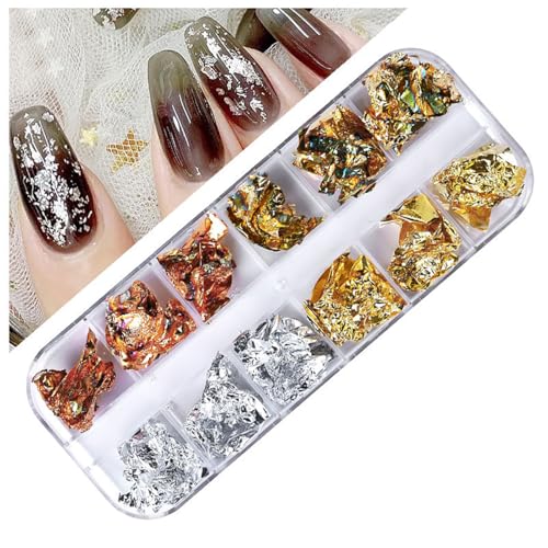 YJSPARKK Holographic Nail Glitter Foils,12 Grids Sparkly Ultra-Thin Aluminum Glitter Flakes Irregular Laser Nail Sequins Acrylic for Face Hand Body Make-up DIY 3D Nail Art Tips