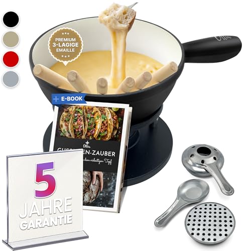 Ottia Fondue Set für 2, 3, 4, 5, 6 Personen aus Gusseisen & Emaille. Als Käsefondue, Fleischfondue, Schokofondue. Induktion geeignet, Schadstofffrei, mit Brenner+Gabeln+Rezeptbuch, Fondü-Set aus HH