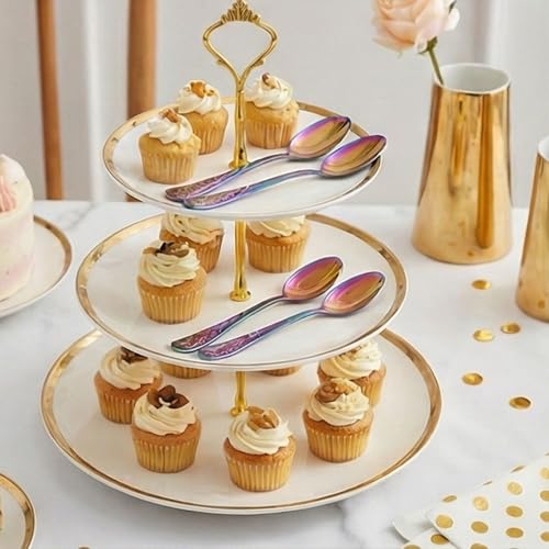 Image of 6.7 inch Rainbow Dessert Spoons with Floral Printed Handle | Set of 5 Durable Stainless Steel Teaspoons | Mirror Polished Silverware for Home, Restaurants, and Gift Giving