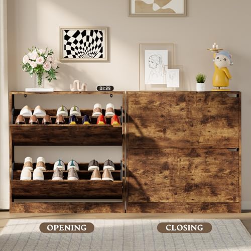 Image of BORNOON Shoe Cabinet with 2 Flip Drawers, Slim Narrow Shoe Storage Cabinet, Freestanding Shoe Organizer with Adjustable & Removable Shelves, Top Display Shelf for Entryway, Hallway, Foyer, Closet