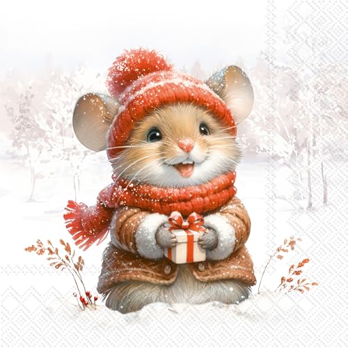20 Servietten Weihnachten Niedliche Maus mit Winterbekleidung als...