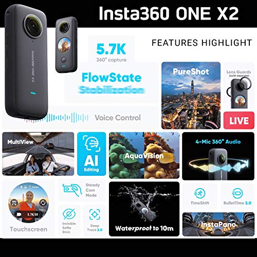 Insta360 ONE X2 360 Camera with Touchscreen - 5.7K30 360 Video, Front SteadyCam Mode, 18MP 360 Photo + InstaPano (No Card)