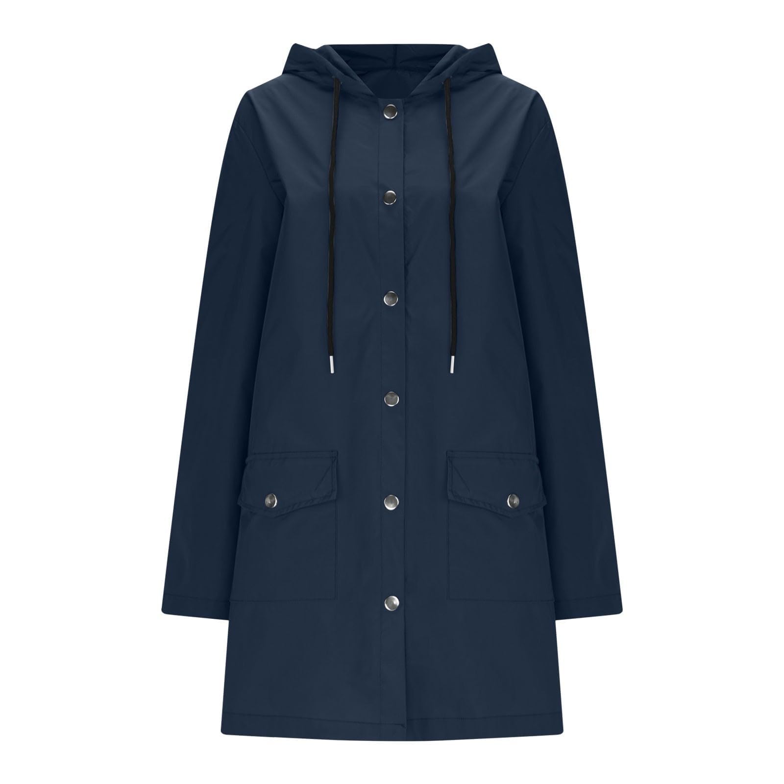 FUPODD Regenjacke Damen Lang Wasserdicht Regenjacke Atmungsaktiv Windjacke Leicht Übergangsjacke Mit Taschen Knöpfen Regenmantel Mittellang Softshelljacke Mit Kapuze Wanderjacke Frauen Windbreaker