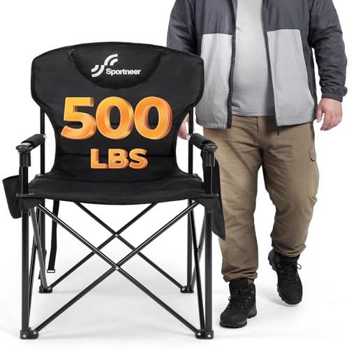 Sportneer Silla de camping de gran tamaño, resistente, capacidad de 500 libras, silla portátil plegable con bolsa refrigeradora, portavasos dobles y bolsillos laterales para exteriores, color negro