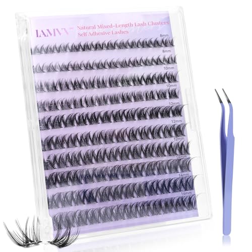 Lash Clusters, Cluster Eyelash Extensions - Self Adhesive Eyelashes, C Curl 8-14mm, Wispy & Natural Look Eyelash Clusters, Includes Lash Tweezers for Glue-Free DIY at Home