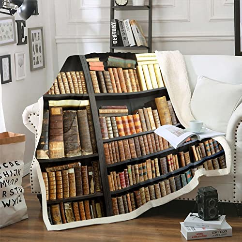 Erosebridal Retro Library Blanket Book Lovers Gifts Throw Blanket for Bed, Literary Books Fleece Blanket Vintage Old Fashion Sherpa Blanket, Book Theme Fuzzy Blanket for Kids Teen Adults Bedroom Decor