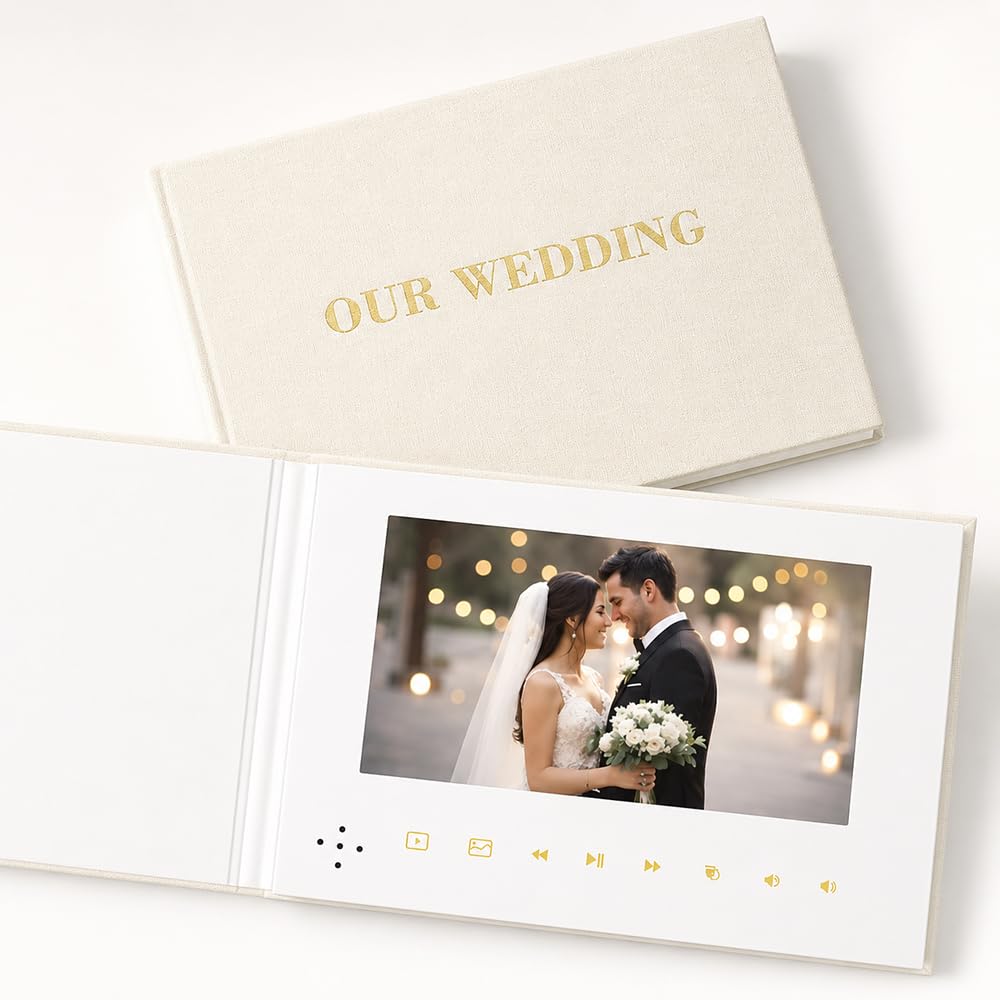 Our Wedding - Goldfolie | Luxuriöses Hochzeits-Videobuch aus Leinen, 17,8 cm (7 Zoll) IPS-Display, 4 GB Speicher, wiederaufladbarer Akku, bis zu 3 Stunden HD-Videospeicher, Hochzeitsandenken