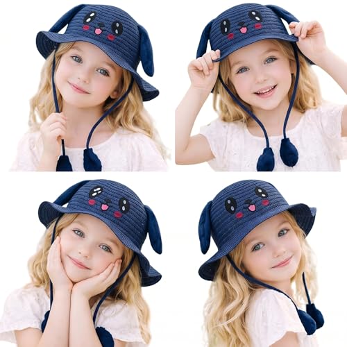Image of FabSeasons Kids Cute Straw Sun Hat with Moving Ears (Ages 4-8 Years) | UV Protection, Wide Brim, Foldable, Beach Bucket Cap | Girls & Boys Breathable Summer Sun Hat with Inner Adjustable String