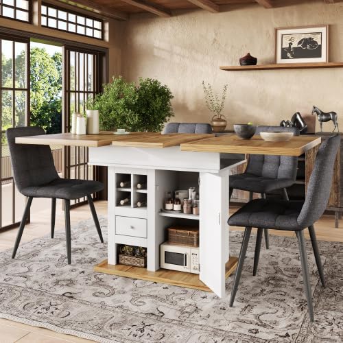 Merax Telescopic Dining Table 110–140×80cm, Extendable Kitchen Table with Wine Rack & Drawers, Foldable Dining Table for 4–6 People, Space-Saving Kitchen Table for Kitchen & Living Room