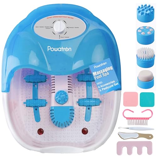 Powatron Foot Spa with Complete Pedicure Set - Electric Foot Bath Spa Massager Vibrating Massage Rollers Infrared Lights Nail Brush File Toe Separator Nail Buffing Block Cuticle Pusher - Blue