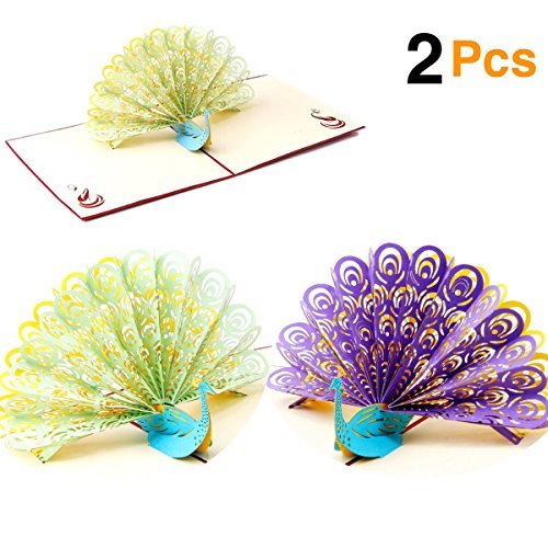 OHill 2Pcs 3D Pop Up Peacock Birthday Card for Wife Husband Kids and Envelopes Wedding Graduation Cards