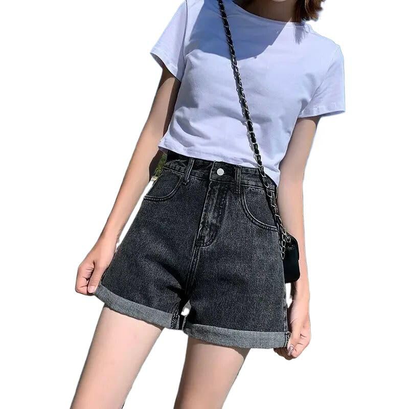 Pantalones cortos de mezclilla para mujer, de verano, cintura alta, sueltos, gris, S
